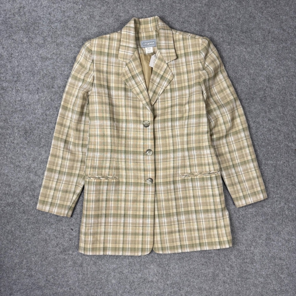 Savion Mens Tan Olive Green Plaid Linen Blend 3-Button Blazer Jacket‎ Size 10